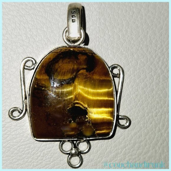 925 Hallmark Natural Tigers Eye Set in Silver Handcrafted Scrollwork Necklace - Picture 3 of 5